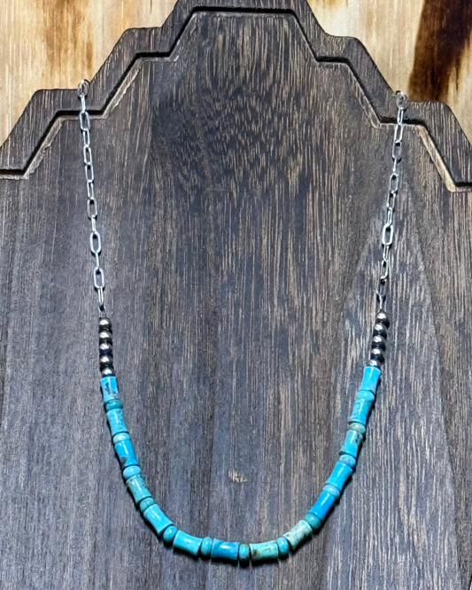 16" Kingman turquoise and Navajo pearl necklace with a sterling silver link chain, blending Southwestern style with timeless elegance.