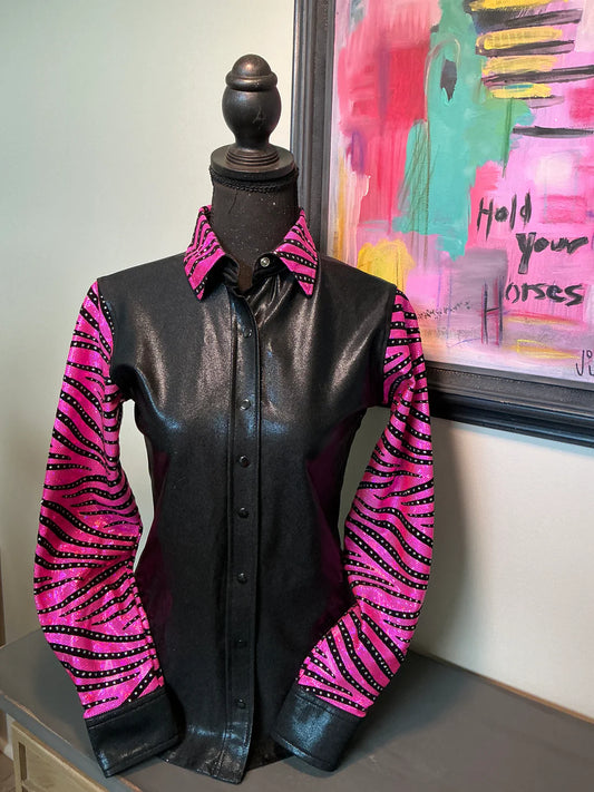 Black and fuchsia metallic zebra print barrel racing shirt with rhinestones, long sleeves, and a button-down front.