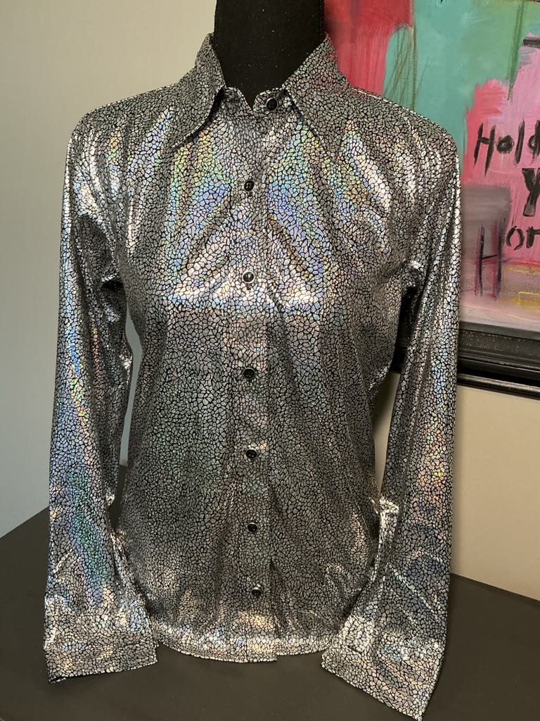 A holographic Western show shirt with a crackle-pattern design, displayed on a mannequin.