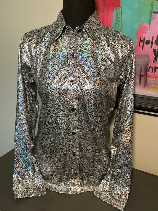 A holographic Western show shirt with a crackle-pattern design, displayed on a mannequin.