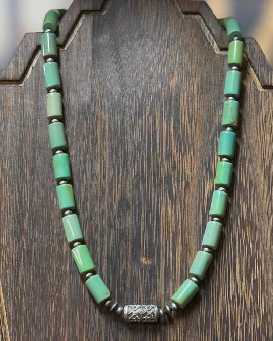 18" green turquoise barrel bead necklace with Navajo pearls and a Bali sterling silver centerpiece, featuring a 2" extender.