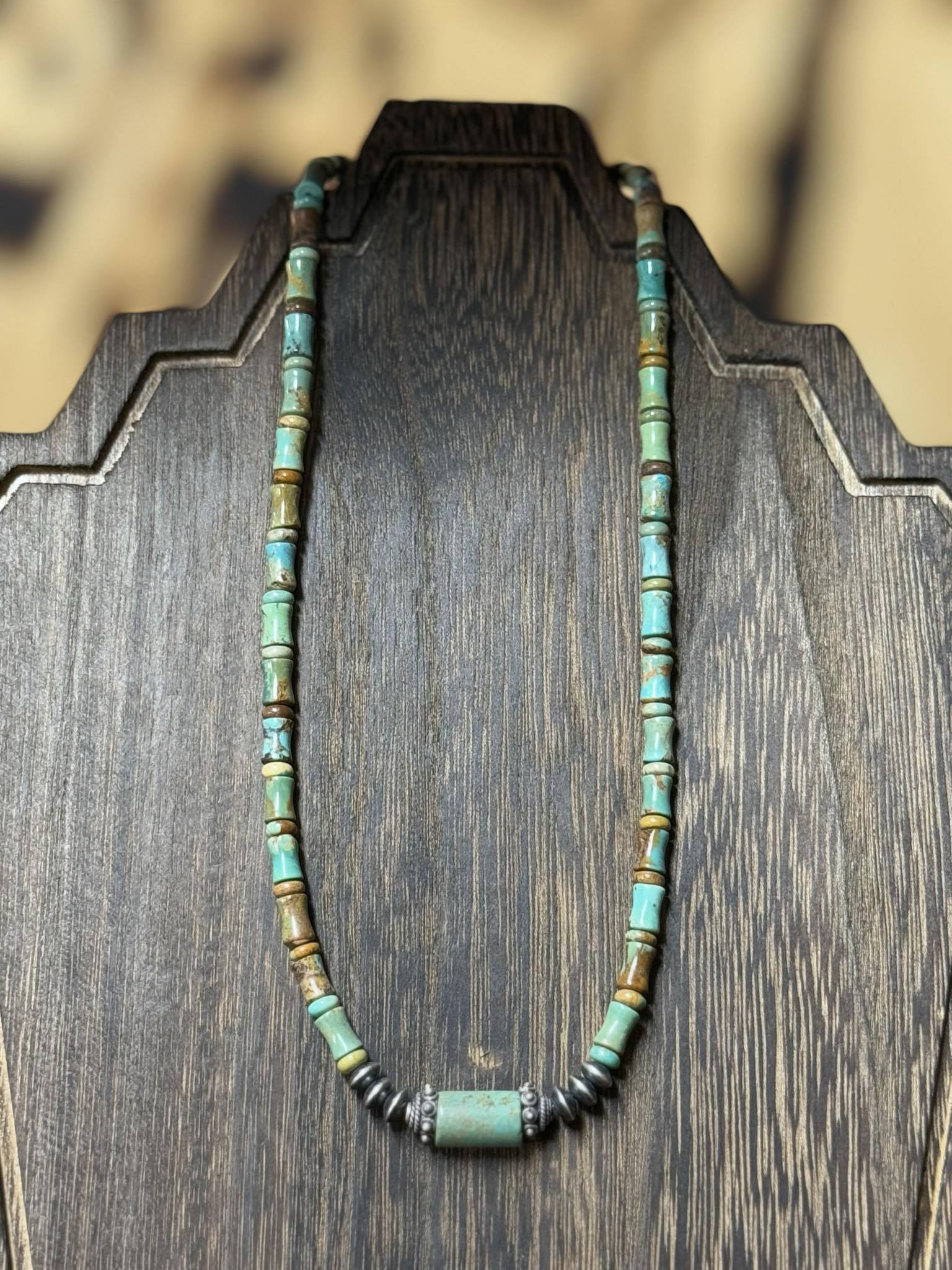 J Hartt Collection necklace with turquoise beads, Bali silver, and Navajo pearls, 16" with 2" extender.