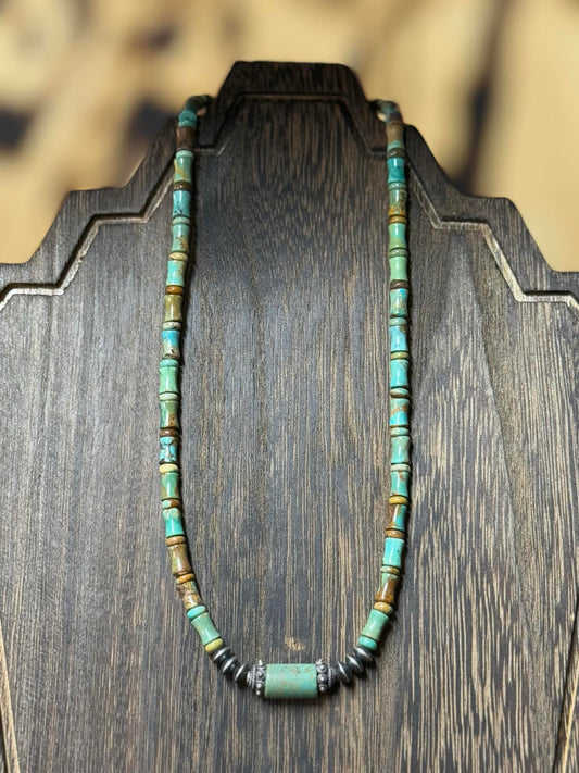 J Hartt Collection necklace with turquoise beads, Bali silver, and Navajo pearls, 16" with 2" extender.