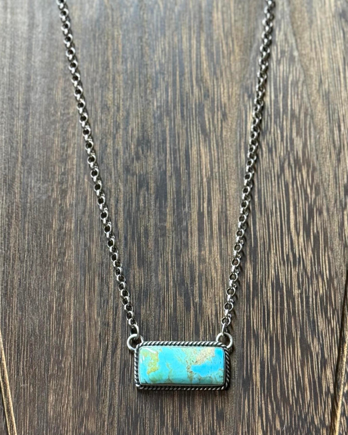 Kingman Turquoise Bar Necklace with Sterling Silver Chain and E. Richards Stamp