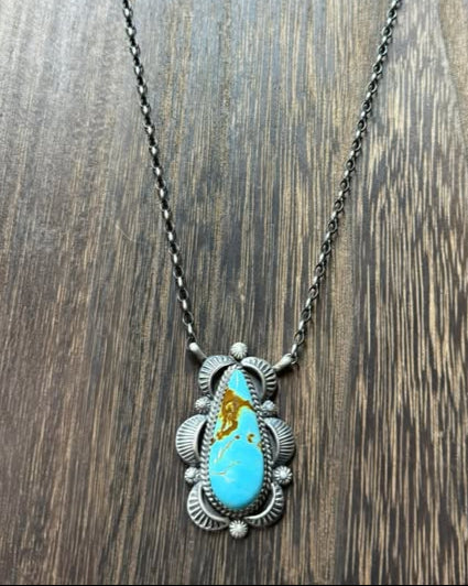 Navajo turquoise necklace with 16 inch chain, handmade by Robert Shakey