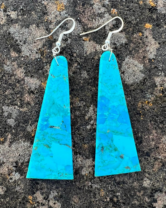 Hand-cut turquoise slab earrings with natural veining and a freeform design.